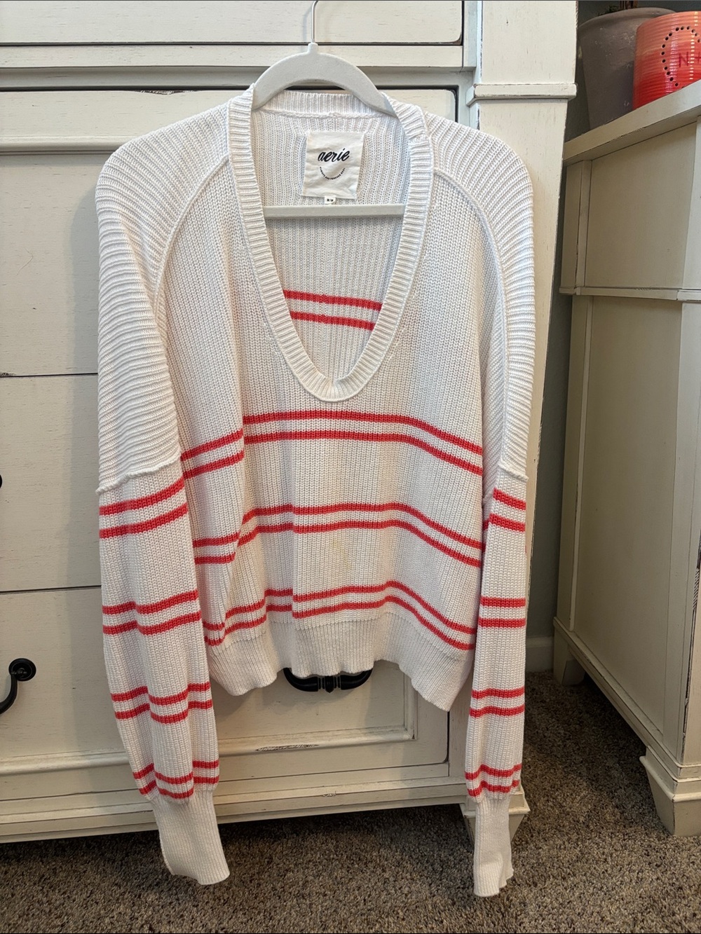 aerie White V-Neck Sweater with Coral-Red Stripes